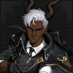  1boy dark_skin dragon_boy dragon_horns gloves highres horns looking_at_viewer male_focus necktie official_art polygon_project red_eyes solo virtual_youtuber white_hair xjamal 