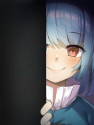  blue_hair blue_shirt blush commentary doorway eyelashes female looking_at_viewer opening_door peeking_out piyodesu pov_doorway red_eyes shirt short_hair smile solo tatara_kogasa touhou upper_body white_shirt yandere 