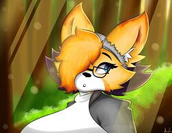  anthro big_breasts blue_eyes breasts canid canine clothing eyewear female fox glasses hi_res huge_breasts jhenightfox julie_(jhenightfox) mammal plant shirt solo sweater t-shirt topwear tree 