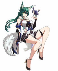  animal_ear_fluff animal_ears bare_legs bird bird_on_hand black_footwear breasts cleavage commentary_request dress female fox_ears fox_tail green_hair high_heels honkai:_star_rail honkai_(series) invisible_chair large_breasts large_tail long_hair moppo purple_eyes simple_background sitting solo tail thighs very_long_hair white_background yukong_(honkai:_star_rail) 