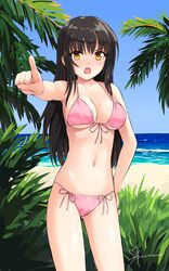  :o angry aposine armpits beach bikini black_hair blue_sky blush breasts cleavage collarbone commentary day english_commentary female foreshortening front-tie_bikini_top front-tie_top hair_between_eyes hand_on_own_hip highres kotegawa_yui large_breasts long_hair mixed-language_commentary navel ocean open_mouth outdoors palm_tree pointing pointing_at_viewer side-tie_bikini_bottom signature sky solo swimsuit to_love-ru tree 