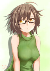  absurdres aussa_(yu-gi-oh!) aussa_the_earth_charmer blush breasts brown-framed_eyewear brown_eyes brown_hair commentary_request duel_monster female glasses green_sweater hair_between_eyes highres looking_at_viewer open_mouth rectangular_eyewear ribbed_sweater shadow short_hair signature sleeveless sleeveless_turtleneck solo sweater turtleneck turtleneck_sweater upper_body usaka_ray yu-gi-oh! 