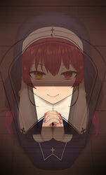  confessional female glory_hole heart heart-shaped_pupils heterochromia hololive houshou_marine houshou_marine_(nun) kneeling long_hair looking_at_viewer nt00 nun own_hands_together purple_eyes purple_hair purple_nails red_eyes red_hair smile solo symbol-shaped_pupils traditional_nun virtual_youtuber x-ray yellow_eyes 