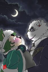  2022 anthro blush borealis_(live-a-hero) bow_tie canid canine canis clothing cloud domestic_dog duo embrace eyewear glasses green_body headphones headphones_around_neck hi_res hug humanoid_hands katazaki kemono lifewonders live-a-hero male male/male mammal mokdai moon night outside overweight overweight_male polar_bear shirt star topwear ursid ursine video_games white_body 