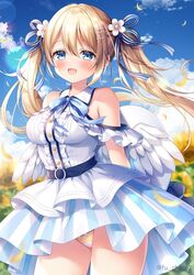  :d bare_shoulders blonde_hair blue_eyes blue_ribbon blue_sky blurry blurry_background blush bow bow_panties breasts center_frills cloud collared_shirt commentary_request cowboy_shot day depth_of_field feathered_wings female floating_hair flower frills hair_between_eyes hair_flower hair_ornament hair_ribbon hairclip long_hair low_wings medium_breasts mitsuba_choco open_mouth original outdoors panties ribbon shirt skirt sky sleeveless sleeveless_shirt smile solo standing striped_clothes striped_ribbon striped_skirt sunflower tenshi-chan_(mitsuba_choco) twintails twitter_username underwear vertical-striped_clothes vertical-striped_skirt very_long_hair white_flower white_shirt white_wings wings yellow_flower yellow_panties 