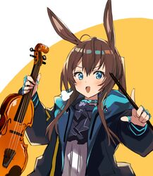  absurdres amiya_(arknights) animal_ears arknights black_jacket blue_eyes blush bow_(music) brown_hair female hair_between_eyes highres holding holding_bow_(music) holding_instrument holding_violin instrument jacket jewelry long_hair long_sleeves looking_at_viewer open_clothes open_jacket open_mouth rabbit_ears ring simple_background smile solo thumb_ring togo_(korlsj1235) upper_body very_long_hair violin yellow_background 