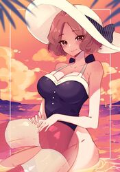  black_one-piece_swimsuit blush breasts brown_eyes brown_hair closed_mouth emi_star english_commentary female hat highres holding holding_swim_ring innertube looking_at_viewer medium_breasts official_alternate_costume okumura_haru one-piece_swimsuit outdoors partially_submerged persona persona_5 short_hair smile solo sunset swim_ring swimsuit 