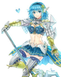  armor armored_skirt bangs bikini bikini_armor blue_bikini blue_eyes blue_hair blue_legwear blue_skirt breasts commentary_request eyebrows_visible_through_hair eyes_visible_through_hair female flail gauntlets hair_between_eyes hair_ribbon head_wings headband heart holding holding_weapon leg_armor looking_at_viewer medium_breasts medium_hair miniskirt misuguu morning_star navel ragnarok_online ribbon signature simple_background skirt smile solo standing stomach swimsuit thighhighs weapon white_background yellow_ribbon zettai_ryouiki 