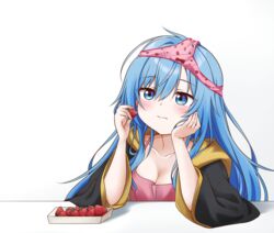  blue_eyes blue_hair breasts cleavage commentary_request elie_wayne female food food_print fruit head_rest highres hood hoodie jan_azure large_breasts long_hair object_on_head original panties panties_on_head solo strawberry strawberry_print underwear upper_body 