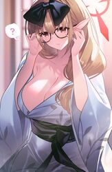  ? bath_yukata blue_archive breasts chinatsu_(blue_archive) chinatsu_(hot_spring)_(blue_archive) collarbone etomai glasses highres japanese_clothes kimono large_breasts light_brown_hair official_alternate_costume pointy_ears sash spoken_question_mark white_kimono wide_sleeves yellow_eyes yukata 