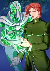  1boy absurdres earrings gakuran green_gakuran hierophant_green highres jewelry jojo_no_kimyou_na_bouken kakyoin_noriaki linkget5501 male_focus open_mouth purple_eyes red_hair school_uniform signature simple_background smile stand_(jojo) stardust_crusaders starry_background 