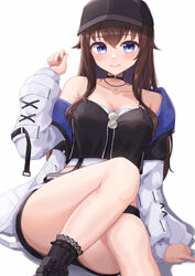  absurdres baseball_cap black_choker black_hat black_shorts black_socks blue_eyes blush breasts brown_hair choker cleavage closed_mouth clothes_down coat collarbone crop_top female hair_between_eyes hat highres hololive long_hair long_sleeves looking_at_viewer medium_breasts micro_shorts open_clothes open_coat shorts simple_background sitting smile socks solo straight_hair tokino_sora tokino_sora_(streetwear) typho very_long_hair virtual_youtuber white_background white_coat 