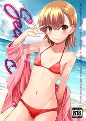  arm_behind_back bikini blue_sky breasts brown_eyes brown_hair cleavage closed_mouth clothes_down cloud collarbone comiket_96 cover cover_page day doujin_cover dutch_angle female flower groin hair_between_eyes hair_flower hair_ornament halterneck jacket looking_at_viewer medium_hair misaka_mikoto navel ocean okara outdoors pink_jacket red_bikini sideboob sky small_breasts smile solo straight_hair summer sweatdrop swimsuit toaru_kagaku_no_railgun toaru_majutsu_no_index w white_flower 