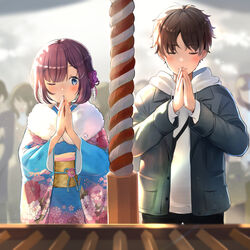  1boy blue_eyes blush box brown_hair closed_eyes donation_box extra facing_viewer female flower furisode hair_flower hair_ornament hatsumoude highres jacket japanese_clothes kimono new_year one_eye_closed original praying rope short_hair shrine yukimaru_nun 