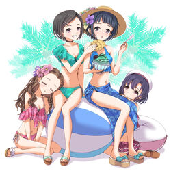  4girls ball bare_legs beachball beret bikini black_hair blue_bikini blue_sarong blush bowl bread breasts brown_hair cleavage closed_eyes feeding flower food forehead full_body girls_be_next_step_(idolmaster) green_bikini grin hair_flower hair_ornament hat haua head_rest highres holding holding_bowl holding_spoon idolmaster idolmaster_cinderella_girls innertube kneeling looking_at_another matsuo_chizuru melon_bread multiple_girls navel okazaki_yasuha palm_tree pink_bikini red_bikini sandals sarong seki_hiromi shaved_ice shiragiku_hotaru sitting small_breasts smile spoon stomach straw_hat swim_ring swimsuit syrup tree 