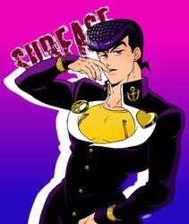  1boy anchor_ornament black_hair character_name diamond_wa_kudakenai gakuran higashikata_josuke jojo_no_kimyou_na_bouken kozakura_(i_s_15) male_focus object_through_head pompadour purple_eyes school_uniform screw_in_head solo stand_(jojo) surface_(stand) 