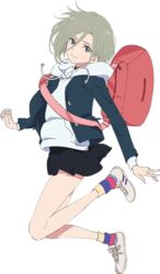  backpack bag black_skirt blue_eyes closed_mouth female full_body grey_hair hood hoodie looking_at_viewer lotte_(company) multicolored_clothes multicolored_legwear official_art pink_valentine school_uniform shoulder_bag skirt smile socks solo transparent_background yukie_(pink_valentine) 