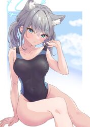  absurdres alternate_hairstyle animal_ear_fluff animal_ears bad_source black_one-piece_swimsuit blue_archive blue_eyes blue_sky breasts cloud competition_swimsuit covered_navel cross_hair_ornament extra_ears feet_out_of_frame female grey_hair hair_ornament halo highres low_ponytail medium_breasts medium_hair mismatched_pupils multicolored_clothes multicolored_swimsuit official_alternate_costume one-piece_swimsuit parted_lips shiroko_(blue_archive) shiroko_(swimsuit)_(blue_archive) shishishi sitting sky solo swimsuit twintails wolf_ears 