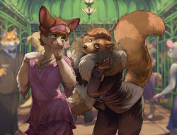  anthro ball bassariscus black_tie_(suit) cacomistle certo_mistle clothed clothing crowd dancing duo_focus female fully_clothed gown group hiccupby male male/female mammal markings procyonid raccoon ring_(marking) ringed_tail striped_markings striped_tail stripes suit tail tail_around_neck tail_markings vance_(zephyrnok) 