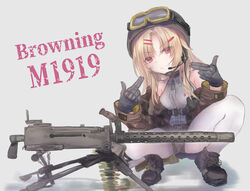  absurdres ammunition ammunition_belt barrel_shroud black_gloves blonde_hair breasts brown_footwear brown_jacket brown_shorts browning_m1919 character_name chin_strap collarbone commentary double_finger_gun female finger_gun flip-up_sight full_body girls&#039;_frontline gloves goggles goggles_on_headwear gun hair_ornament hairclip handle helmet highres jacket looking_at_viewer m1919a4_(girls&#039;_frontline) m1919a4_(mod3)_(girls&#039;_frontline) machine_gun martinreaction medium_breasts off_shoulder open_mouth pantyhose red_eyes rifle_cartridge shirt shorts simple_background sleeveless sleeveless_shirt solo squatting tripod weapon weapon_name white_background white_pantyhose 