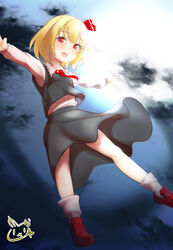  ascot black_skirt black_vest blonde_hair blush collared_shirt commentary_request female frilled_shirt_collar frills full_body hair_between_eyes hair_ribbon highres looking_at_viewer open_mouth outstretched_arms red_ascot red_eyes red_footwear red_ribbon ribbon rumia shirt shoes short_hair signature skirt socks solo spread_arms touhou usaka_ray vest white_shirt white_socks 