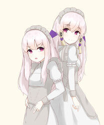  2girls age_comparison back-to-back chirun0 closed_mouth commentary english_commentary fire_emblem fire_emblem:_three_houses hair_ornament highres long_hair long_sleeves looking_back lysithea_von_ordelia maid maid_headdress multiple_girls open_mouth pink_eyes simple_background smile white_background white_hair 