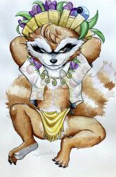  1boy arms_behind_head artist_name barefoot claws furry furry_male guardians_of_the_galaxy hashtag-only_commentary hat highres jewelry male_focus marvel marvel_rivals necklace open_clothes open_shirt raccoon_boy raccoon_tail rocket_raccoon_(sunshine_raccoon)_(marvel_rivals) smile straw_hat tail traditional_media ulala_ko whiskers white_background 