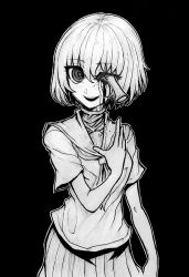  bleeding blood female fujimi_no_fujimi-san greyscale injury knife_in_head looking_at_viewer monochrome nazo_no_diaboro object_through_head original ringed_eyes school_uniform serafuku short_hair skirt smile solo stab traditional_media 