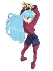  absurdres arms_up ass blue_hair bodysuit bodysuit_under_clothes boots female full_body highres jacket kula_diamond long_hair looking_at_viewer looking_back red_eyes simple_background solo the_king_of_fighters thigh_boots toshinoshin white_background 