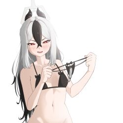  absurdres black_bra black_hair black_horns black_panties blue_archive blush bra collarbone commentary_request crossed_bangs demon_horns female gradient_hair grey_hair hair_between_eyes hair_down halo highres holding holding_panties holding_underwear holding_unworn_clothes horns kayoko_(blue_archive) korean_commentary long_hair looking_at_viewer multicolored_hair navel open_mouth out-of-frame_censoring palgoogoopal panties red_eyes sidelocks simple_background solo stomach two-tone_hair underwear v-shaped_eyebrows white_background 