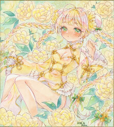  ahoge amu_(m_aa) artist_name blunt_bangs blush bow braid breasts bun_cover cleavage closed_mouth dated dot_mouth dot_nose double-parted_bangs double_bun dress female floating flower frilled_sleeves frills green_bow green_eyes hair_bun hair_flower hair_ornament highres large_breasts leaf long_sleeves looking_at_viewer multiple_braids original painting_(medium) parted_bangs sidelocks signature sitting solo spring_(season) traditional_media watercolor_(medium) wide_sleeves yellow_dress 