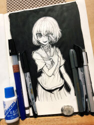  art_tools_in_frame bleeding blood female fujimi_no_fujimi-san greyscale highres injury knife_in_head looking_at_viewer monochrome nazo_no_diaboro object_through_head original photo_(medium) ringed_eyes school_uniform serafuku short_hair skirt smile solo stab traditional_media 