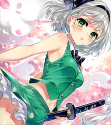  bare_arms bare_shoulders black_bow black_bowtie black_hairband blush bow bowtie breasts buttons chacham cherry_blossoms collared_vest cowboy_shot dutch_angle falling_petals female frilled_skirt frills green_eyes green_nails green_skirt green_vest grey_hair hair_intakes hairband hitodama hitodama_print holding holding_sword holding_weapon katana konpaku_youmu konpaku_youmu_(ghost) looking_at_viewer marker_(medium) nail_polish navel open_mouth petals pink_petals short_hair skirt skirt_set solo sword touhou traditional_media twitter_username vest weapon 