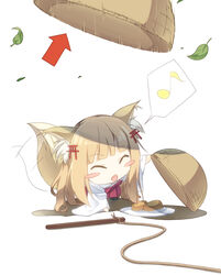  :d ^_^ animal_ears arrow_(symbol) blonde_hair blunt_bangs blush_stickers check_commentary chibi closed_eyes commentary commentary_request da-mii drop_trap eighth_note female food fox_ears fox_tail happy leaf long_hair musical_note open_mouth oshiro_project:re plate rope senko_(oshiro_project) simple_background smile solo speech_bubble spoken_musical_note stick tail tail_wagging tofu torii_hair_ornament white_background 