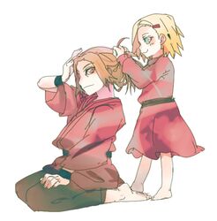  1boy blonde_hair blue_eyes brown_hair female hair_ornament hairclip hairdressing ino_yamanaka japanese_clothes naruto naruto_shippuuden orange_eyes sitting smile um630 yamanaka_fuu young younger 