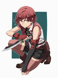  absurdres bad_id bad_pixiv_id braid cape dagger female fingerless_gloves gloves hai_to_gensou_no_grimgar hair_over_shoulder highres knife kurohane long_hair on_one_knee photoshop_(medium) red_eyes red_hair red_thighhighs shorts simple_background single_braid solo thighhighs weapon yume_(grimgar) 