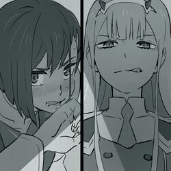  2girls :q after_kiss anarchy_ptck bad_id bad_twitter_id blush darling_in_the_franxx greyscale hairband horns ichigo_(darling_in_the_franxx) licking_lips long_hair military military_uniform monochrome multiple_girls short_hair straight_hair sweat tongue tongue_out uniform yuri zero_two_(darling_in_the_franxx) 