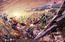  afterburner alien battle canopy chester_ocampo choujikuu_yousai_macross cityscape cloud dusk energy_beam energy_cannon epic explosion firing fleet flying glaug gunpod helmet highres ichijou_hikaru insignia itano_circus jolly_roger laser_beam macross mecha missile missile_pod realistic regult roundel science_fiction sdf-1 space_craft sun u.n._spacy vf-1 vf-1a vf-1j vf-1s walker war when_you_see_it zentlardy_alphabet zentradi 