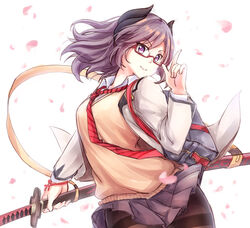  absurdres azur_lane bag blazer bookbag cherry_blossoms commentary_request dress_shirt female glasses highres horns jacket katana kirishima_(after-school_cannon_time)_(azur_lane) kirishima_(azur_lane) looking_at_viewer medium_hair necktie official_alternate_costume pantyhose purple_eyes purple_hair red-framed_eyewear shirt skirt smile solo sword thighband_pantyhose vest weapon yuki_shizuku 