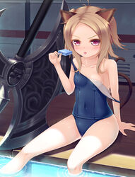  animal_ears antenna_hair axe battle_axe blush breasts brown_hair cat_ears cat_tail collarbone covered_navel elin_(tera) eyebrows_visible_through_hair food highres holding holding_food nose_blush old_school_swimsuit one-piece_swimsuit pink_eyes planted_weapon popsicle psyche3313 school_swimsuit sitting small_breasts soaking_feet solo strap_slip swimsuit tail tera_online tongue tongue_out water weapon 