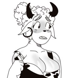  animal_print big_breasts blush bovid bovine breasts caprine cattle cleavage clothed clothing cow_print eyebrows female glistening hi_res horn mammal patrizia_pastorizia sheep simple_background slightly_chubby solo thick_eyebrows yalen-the-untaggable 