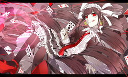  bad_id bad_pixiv_id black_hair black_nails card celestia_ludenberg claw_ring crosshair danganronpa:_trigger_happy_havoc danganronpa_(series) drill_hair earrings female jewelry long_hair looking_at_viewer maid_headdress monokuma nail_polish necktie pale_skin red_eyes ribbon rie solo tongue tongue_out 