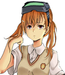  alternate_hair_length alternate_hairstyle brown_eyes brown_hair brown_sweater_vest commentary_request emblem expressionless female goggles goggles_on_head long_hair misaka_imouto negiko123123 night_vision_device school_emblem school_uniform summer_uniform sweater_vest toaru_kagaku_no_railgun toaru_majutsu_no_index tokiwadai_school_uniform twintails v-neck 