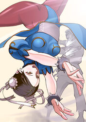  1boy blocking blue_dress bracelet breasts brown_eyes brown_hair brown_legwear bun_cover china_dress chinese_clothes chun-li commentary_request double_bun dress earrings female hair_bun jewelry medium_breasts open_mouth pantyhose pelvic_curtain photoshop_(medium) puffy_short_sleeves puffy_sleeves ryu_(street_fighter) sash short_sleeves side_slit silhouette spiked_bracelet spikes spinning_bird_kick street_fighter takemaru08 