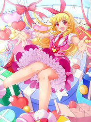  :d aikatsu! aikatsu!_(series) bad_id bad_pixiv_id blonde_hair blush bow chika_(orange_pop) dress female food hair_ribbon heart hoshimiya_ichigo long_hair looking_at_viewer macaron open_mouth outstretched_arms pink_bow red_eyes ribbon smile solo 