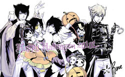  3boys 3girls breasts chrome_dokuro cleavage commentary_request dress genderswap_(mtf) halloween hibari_kyouya hibird high_contrast katekyo_hitman_reborn! multiple_boys multiple_girls pumpkin reborn rokudou_mukuro rule_63 runesque short_hair 