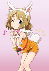  ;) ^^^ animal_ears bent_over blue_eyes bow bowtie commentary_request eighth_note fake_animal_ears female gradient_background hairband idolmaster idolmaster_million_live! looking_at_viewer musical_note one_eye_closed pink_bow pink_bowtie rabbit_ears rabbit_tail short_hair simple_background smile solo standing suou_momoko tail tyke 