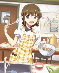  2girls :d apron baking blue_eyes brown_hair commentary_request cooking cutting_board dough hayashida_airi kitchen looking_at_viewer mixing_bowl mole mole_under_eye multiple_girls official_art open_mouth plaid plaid_apron ribbon shimada_mayu short_hair smile solo_focus spatula table wake_up_girls! wake_up_girls!_stage_no_tenshi 