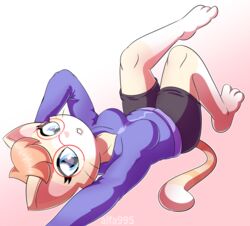  :3 alfa995 anthro barefoot biped blue_eyes bottomwear breasts clothing domestic_cat eyelashes eyewear feet felid feline felis female glasses hoodie looking_at_viewer mammal queen_(alfa995) shorts solo topwear 