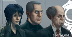  2boys aramaki_daisuke batou_(gits) blue_eyes blue_hair commentary_request copyright_name female formal ghost_in_the_shell grey_hair kusanagi_motoko looking_to_the_side multiple_boys necktie photoshop_(medium) 